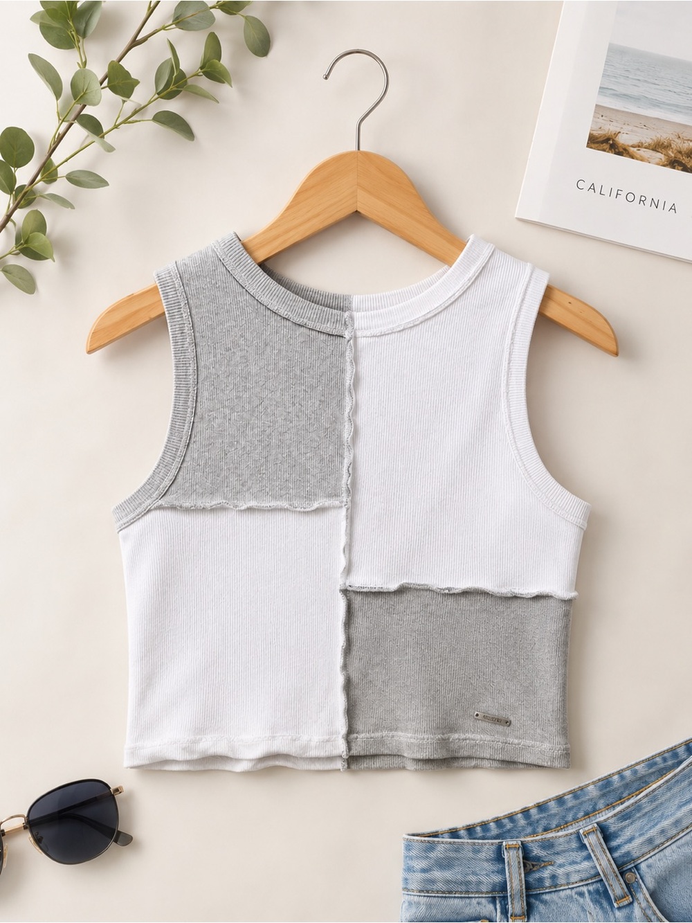 Hollister Colorblock Ribbed Tank Top Gray White Patchwork Sleeveless Crop Top